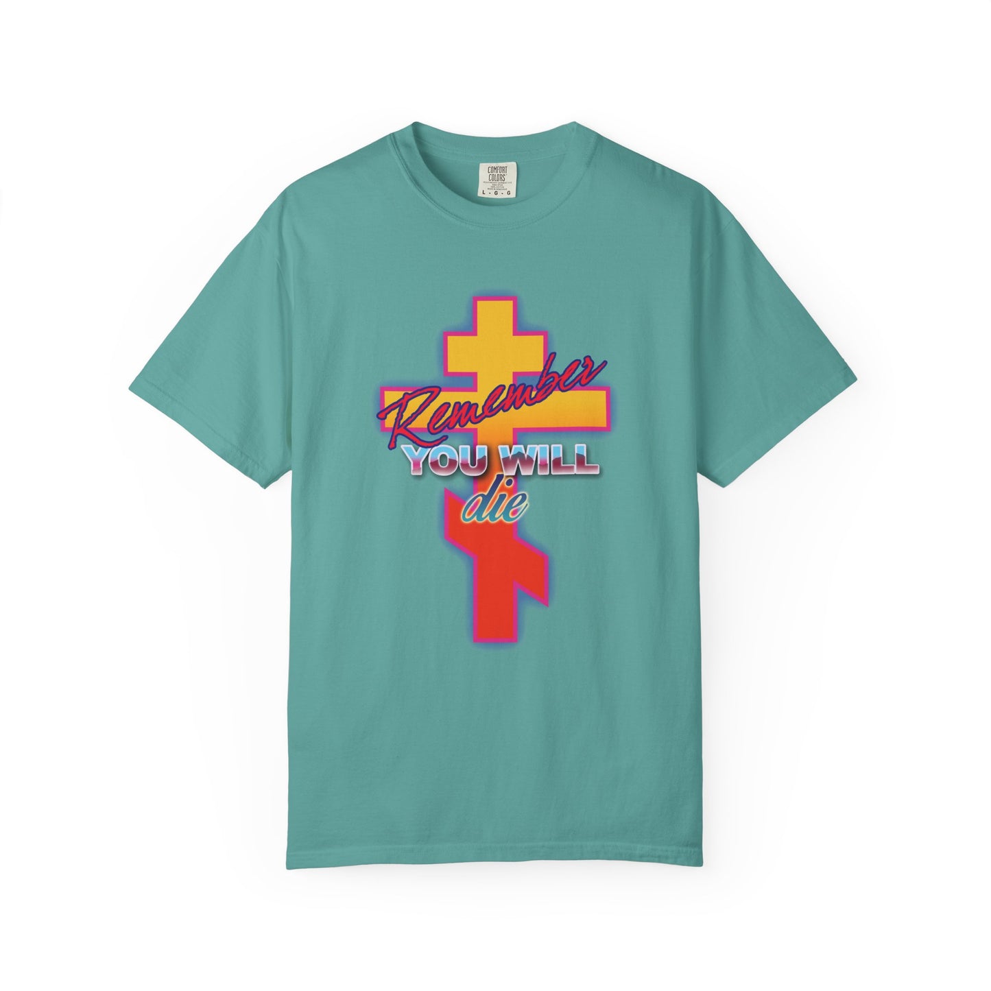 Remember You Will Die 80s Design | Glowing Synthwave Retro Orthodox Cross | Precious Life-Giving Cross | Heavyweight Cotton Unisex T-Shirt