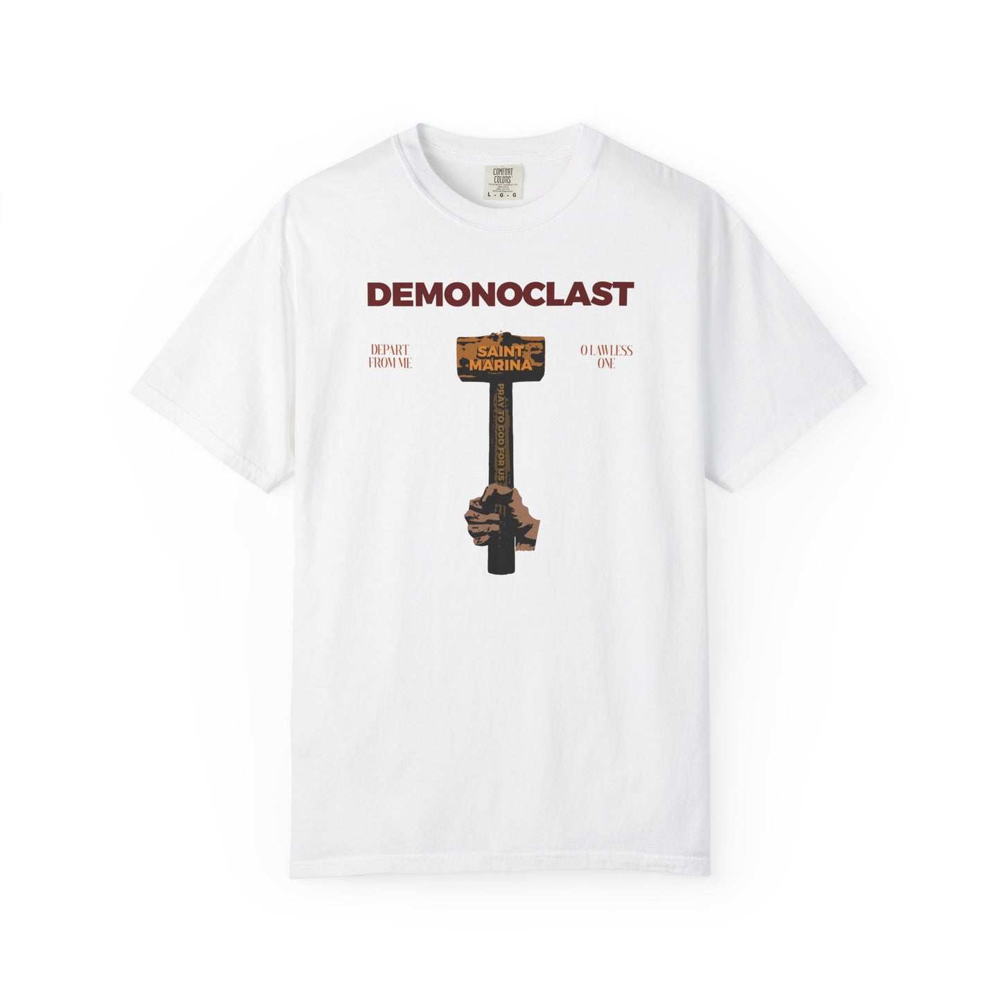 White Demonoclast tee featuring St. Marina’s Hammer and NIKA Fist, inspired by Christ Conquers and Unseen Warfare. Heavyweight cotton Orthodox unisex design honors Martyrdom.