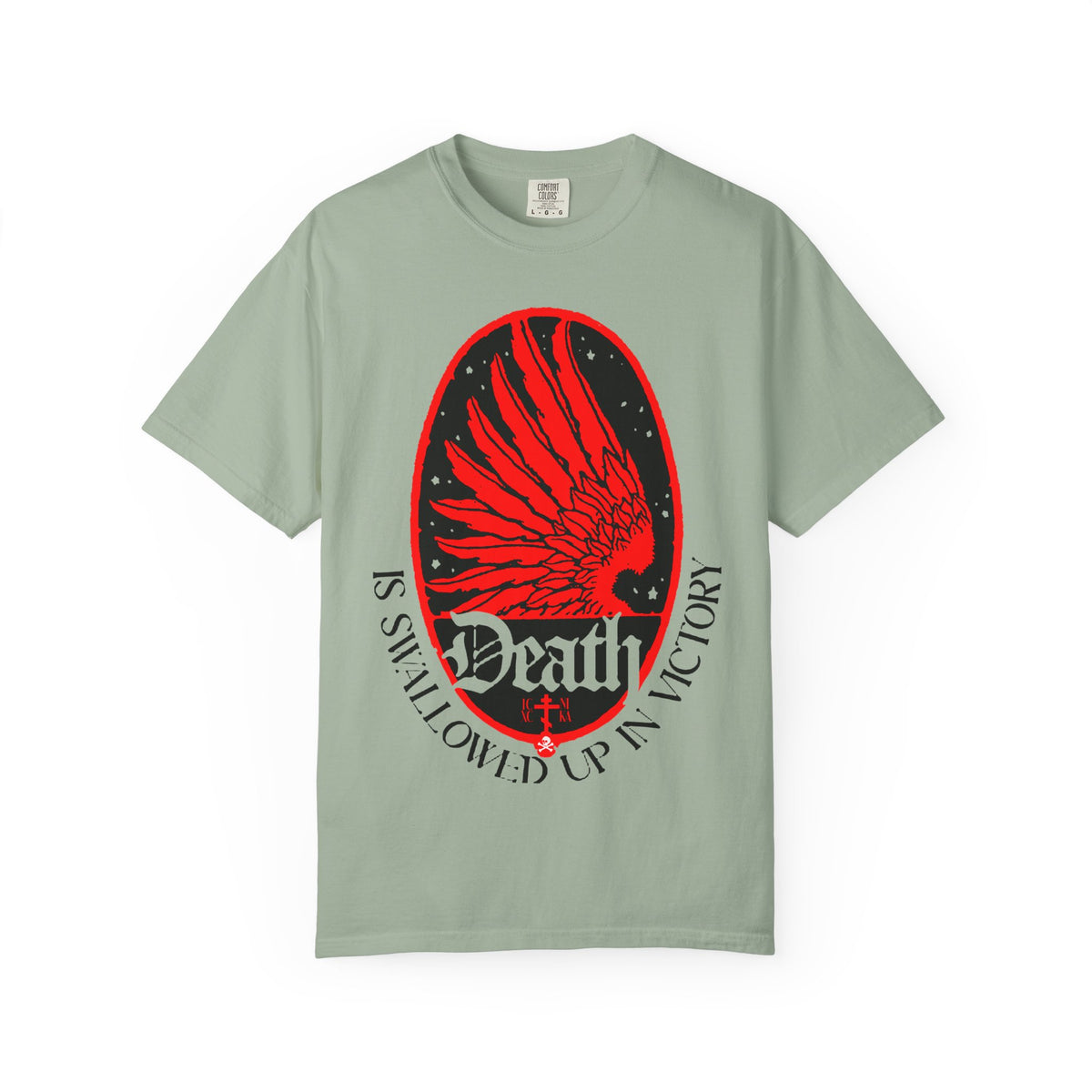 Bay T-shirt featuring an Art Nouveau eagle wing and stars design with the text “Death is Swallowed Up In Victory (1 Cor 15:54)”, symbolizing immortality and triumph over death; Orthodox Christian heavyweight cotton unisex tee.