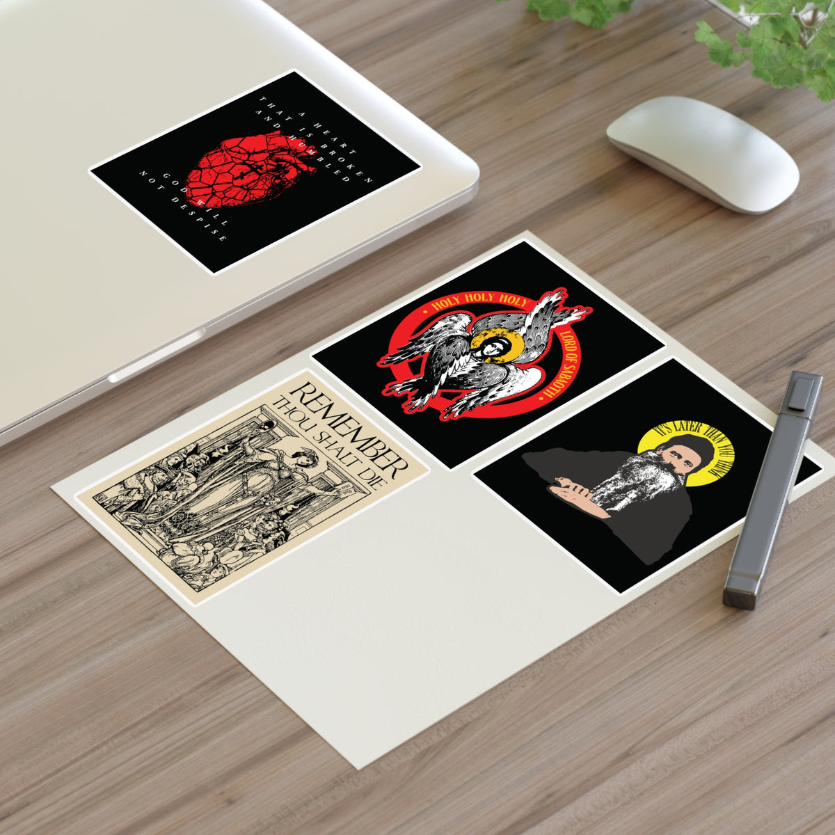 Bestseller Orthodox Sticker Mix No. 4 on a desk with laptop, mouse, pen, and plant.