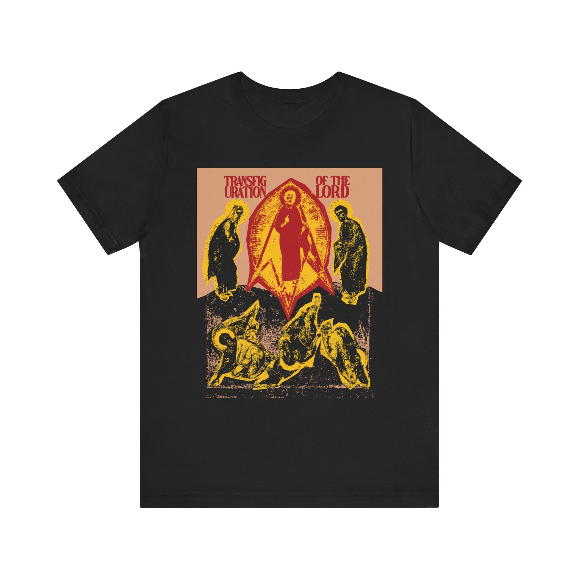 Black tee, "Transfiguration of the Lord Icono-Graphic," features a punk zine cut-out Orthodox Christian design inspired by the Troparion and St Ephraim the Syrian; lightweight cotton unisex fit.