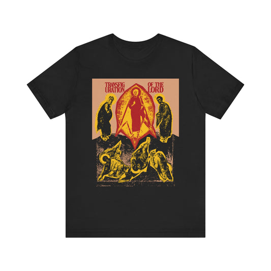 Black tee, "Transfiguration of the Lord Icono-Graphic," features a punk zine cut-out Orthodox Christian design inspired by the Troparion and St Ephraim the Syrian; lightweight cotton unisex fit.