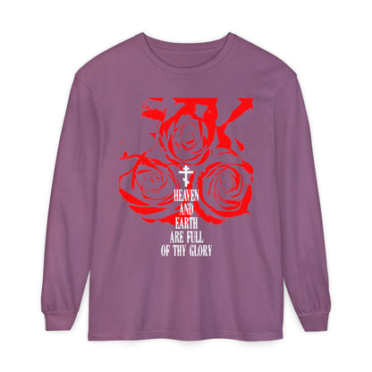 Heaven and Earth Are Full of Thy Glory | Orthodox Liturgical Hymn | Red Roses | Western Typography | Orthodox Christian Long Sleeve Shirt