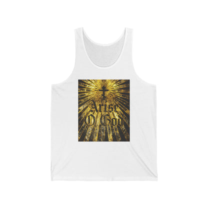 White tank top featuring "Arise O God" in a textured Gothic font with an Orthodox cross and golden rays, inspired by Psalm 81 (82 LXX), reflecting the Divine Council worldview.
