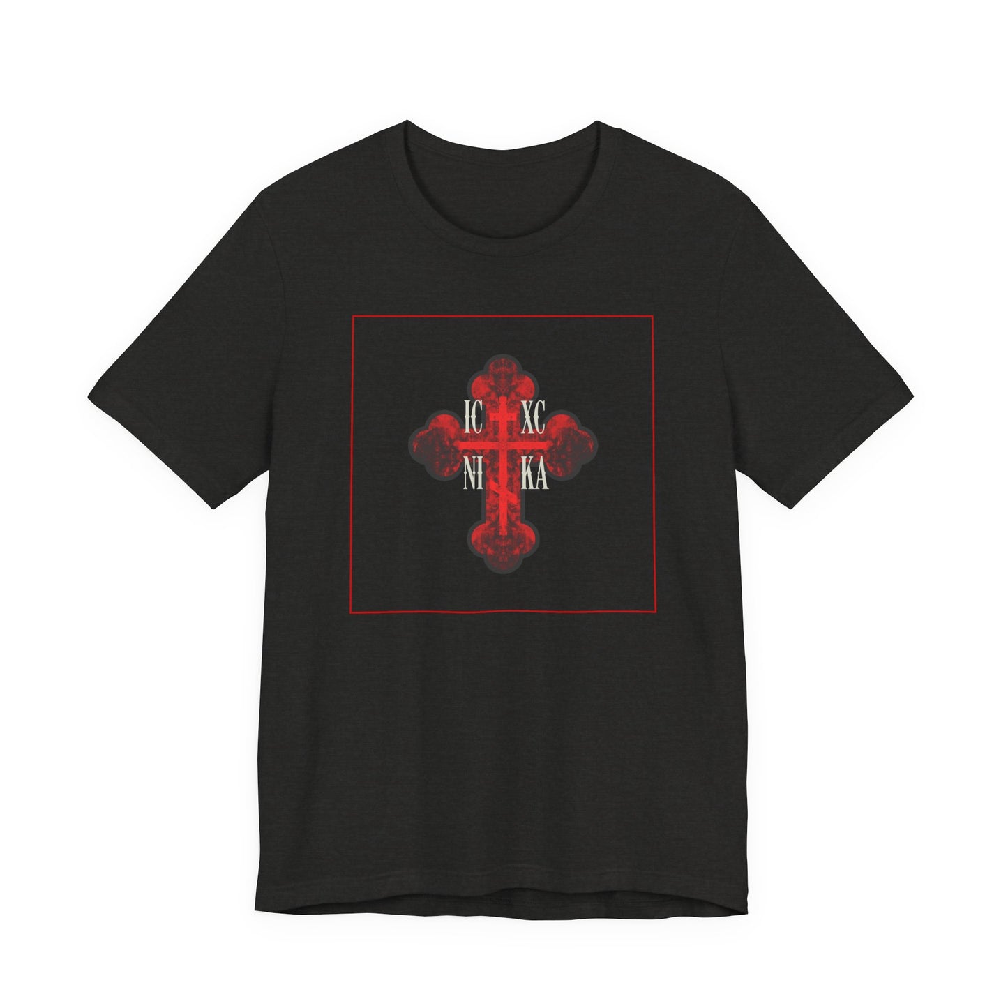 ICXC NIKA Red Glowing Ornate Textured Orthodox Cross | The Cross is the Symbol of Salvation | Christian Cotton Unisex Tee