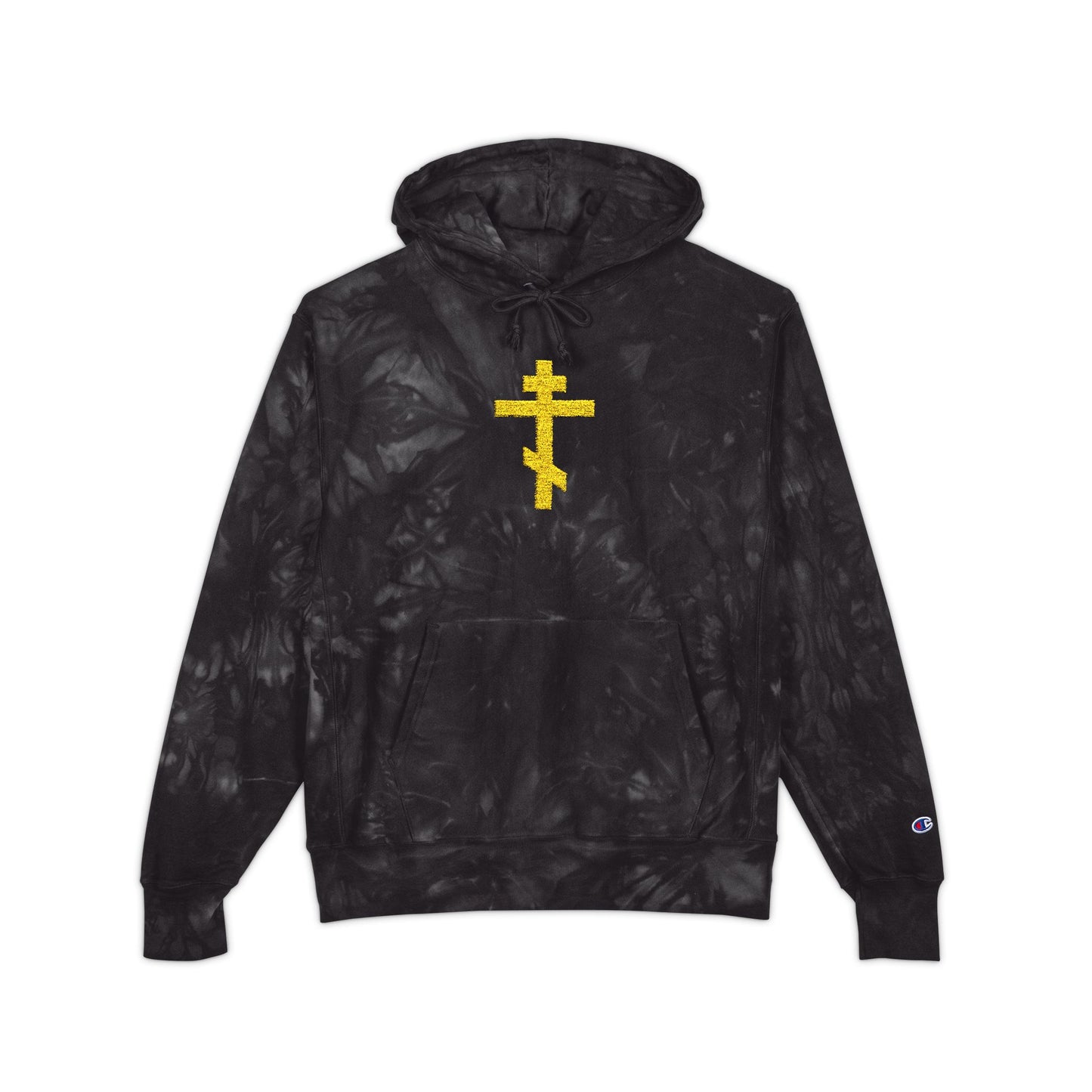 The Yellow Orthodox Cross Tie-Dye Embroidered Heavy Hoodie is a black premium streetwear piece featuring a yellow cross inspired by St. John of Kronstadt on the chest, with a front pocket.
