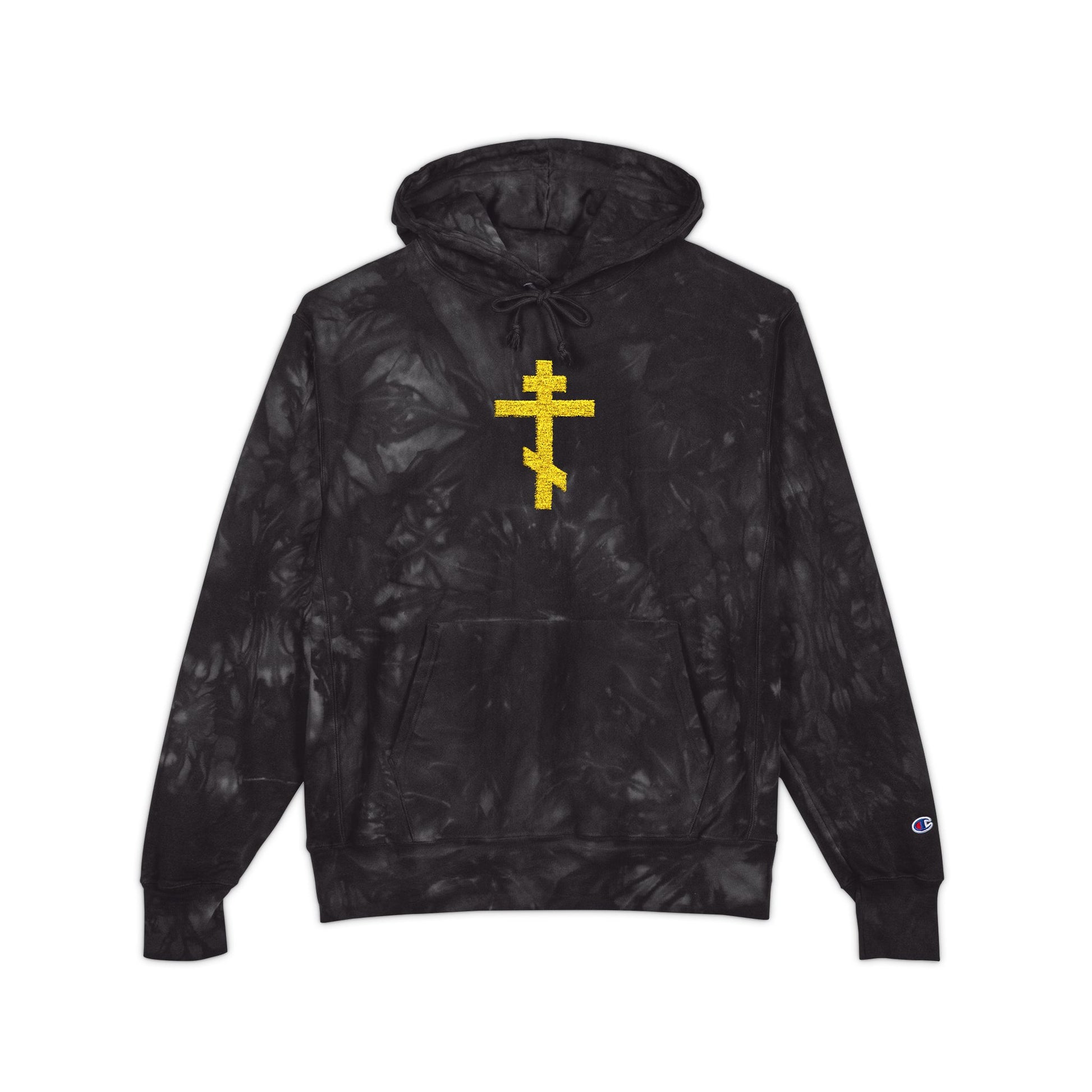The Yellow Orthodox Cross Tie-Dye Embroidered Heavy Hoodie is a black premium streetwear piece featuring a yellow cross inspired by St. John of Kronstadt on the chest, with a front pocket.