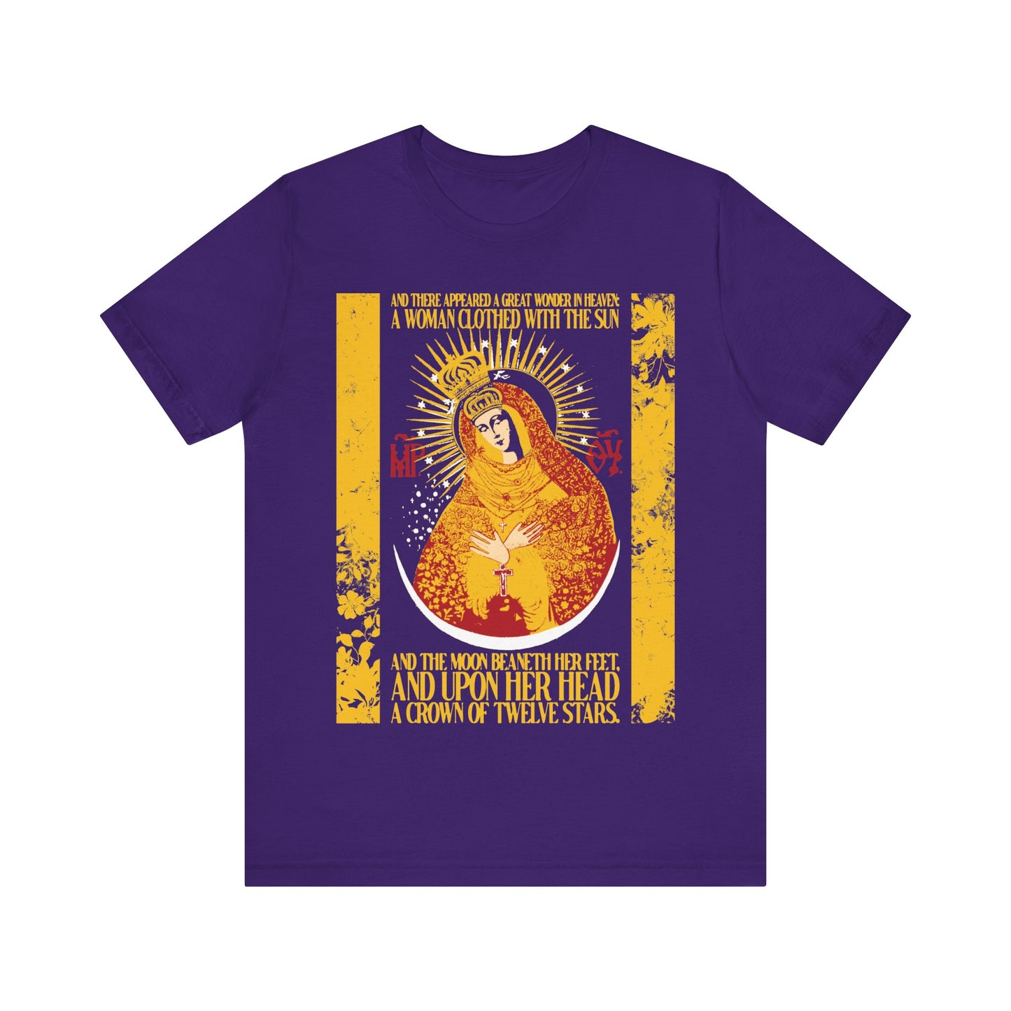 Our Lady the Gate of Dawn | Woman of the Apocalypse Rev 12:1 | Theotokos Gold Floral Texture Design | Orthodox Christian Cotton T-Shirt