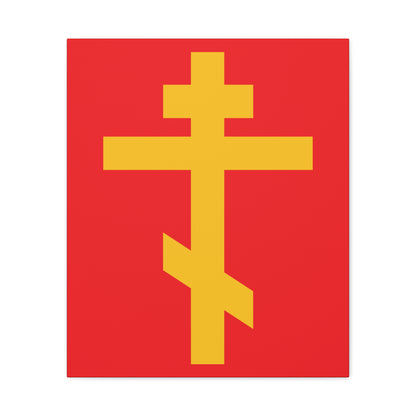 The Yellow Orthodox Cross on a red background symbolizes the precious, life-giving weapon of unseen warfare and the scourge of demons. This Orthodox canvas art is inspired by Galatians 2:20, expressing being crucified with Christ.
