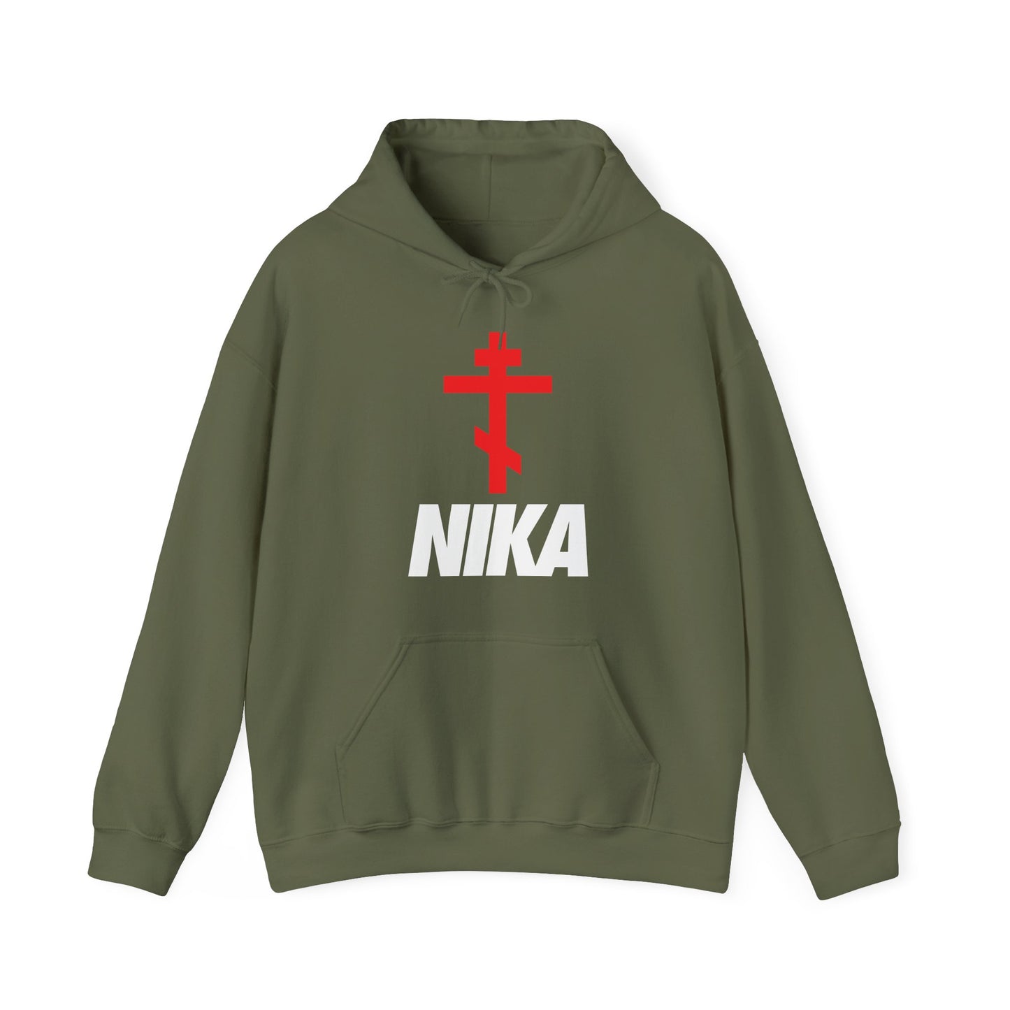 NIKA Orthodox Cross | NIKE Logo Mashup | Minimalist Corporate Sports Logo | Athletic Ascetic Fashion | Christian Activewear Hoodie