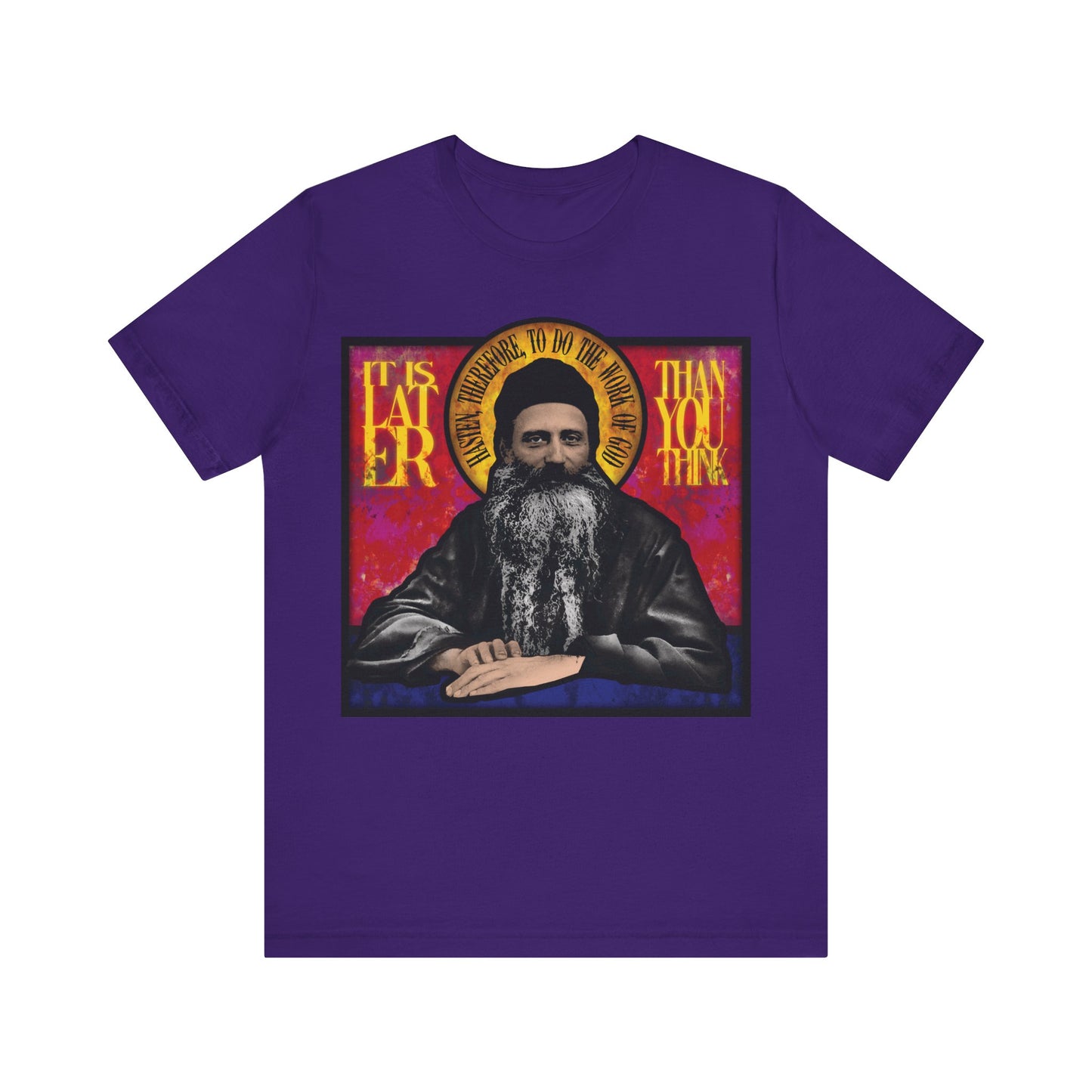 Team Purple cotton t-shirt featuring a stained glass design of Fr. Seraphim Rose, American Orthodox saint, and the phrase "It is later than you think"—a subtle nod to salvation and the Kingdom of Heaven.