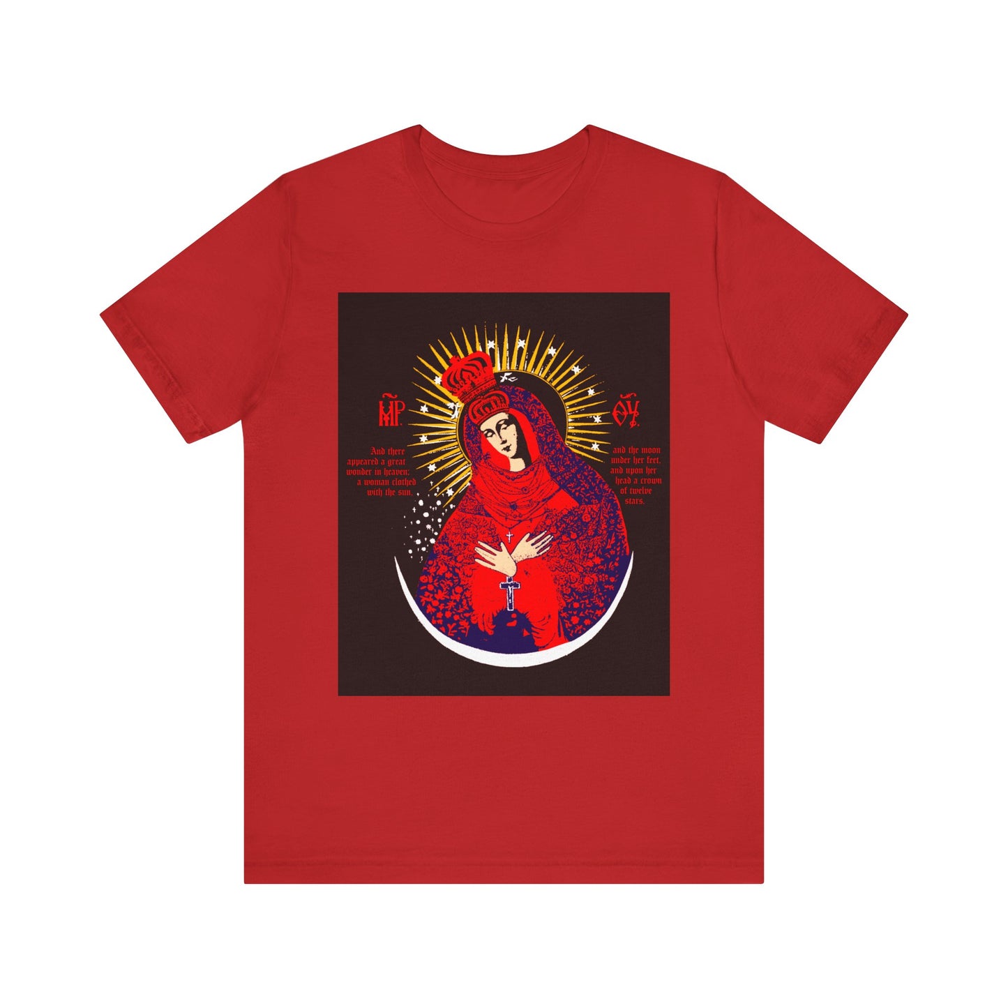 Red lightweight cotton unisex t-shirt featuring the "Our Lady the Gate of Dawn Icono-Graphic" with a haloed woman in red cloak holding a lamp, inspired by Vilnius’ iconic Theotokos Crowned—nod to Lithuanian Orthodox tradition.