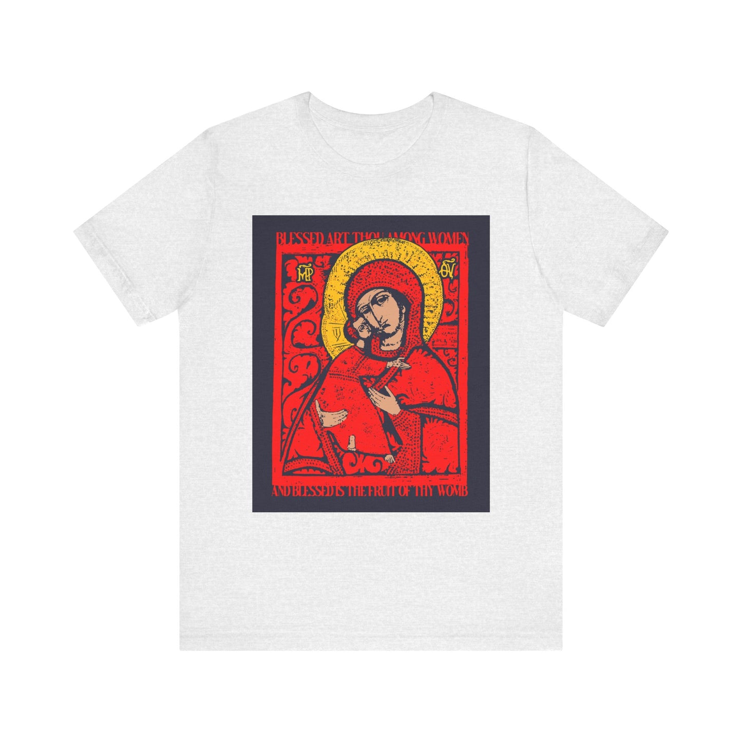 Ash-colored lightweight cotton unisex T-shirt featuring a red and yellow haloed figure inspired by the revered Vladimir Theotokos icon, with the design “Blessed Art Thou Among Women” in Orthodox Christian iconographic style.