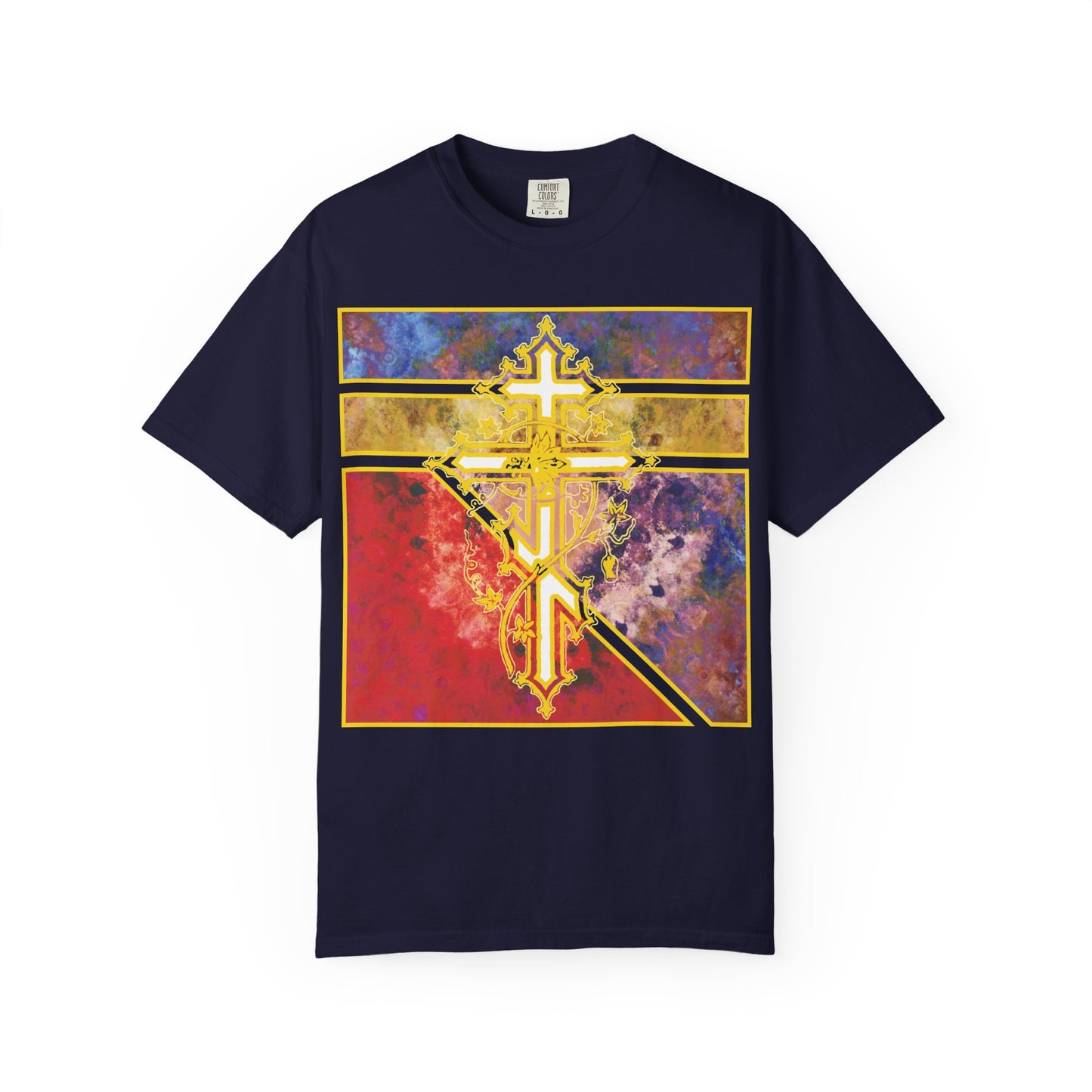 True navy heavyweight cotton unisex t-shirt featuring an ornate Orthodox cross with vine, set over a vibrant red, purple, and yellow textured geometric pattern, inspired by the Prayer to the Venerable Cross—where even demons perish before the life-giving Cross.