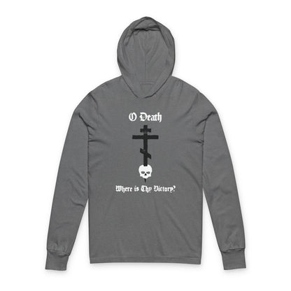 O Death Where is Thy Victory? 1 Cor 15:55 | Cross Stabbing Skull | Spraypaint Aesthetic | Orthodox Christian Long Sleeve Hooded Shirt