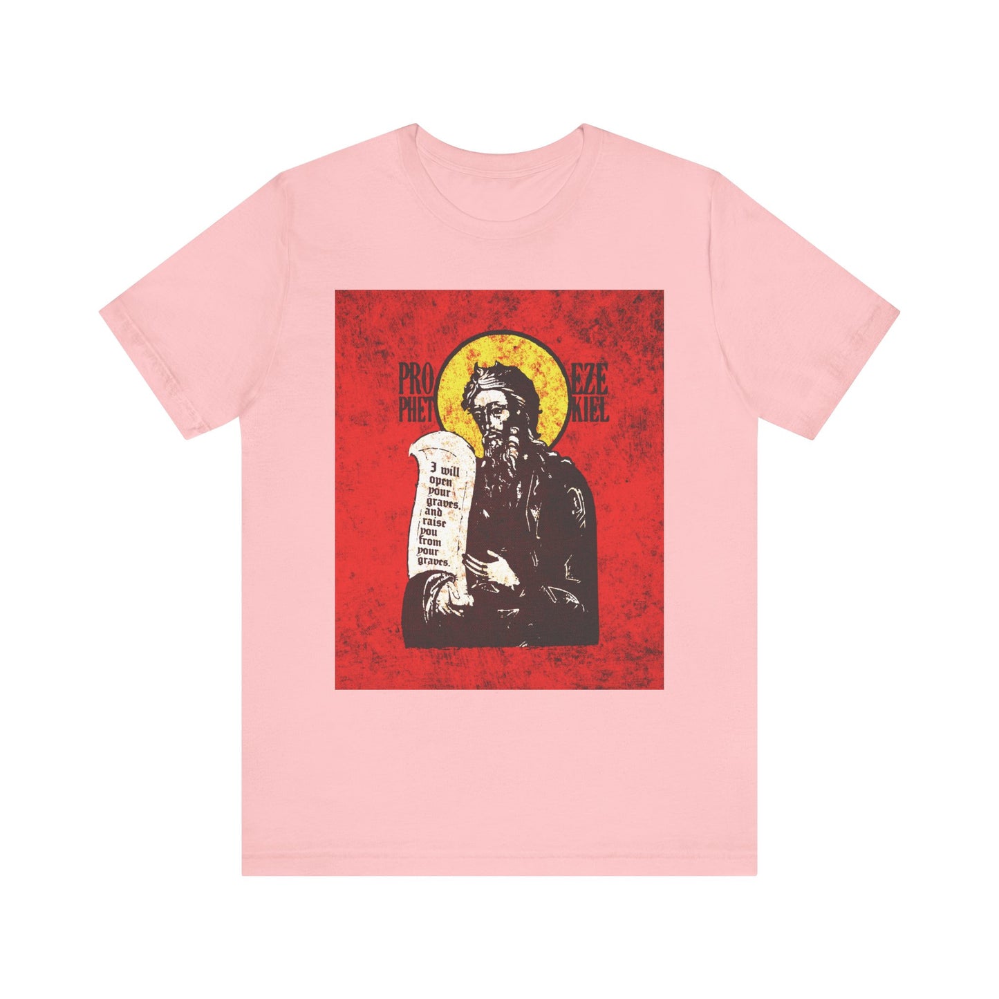 Pink Prophet Ezekiel IconoGraphic t-shirt featuring a textured, high contrast bright red and yellow design inspired by the Old Testament, symbolizing the Spirit of the Lord bringing the breath of life to all things; made from lightweight cotton in a unisex fit.