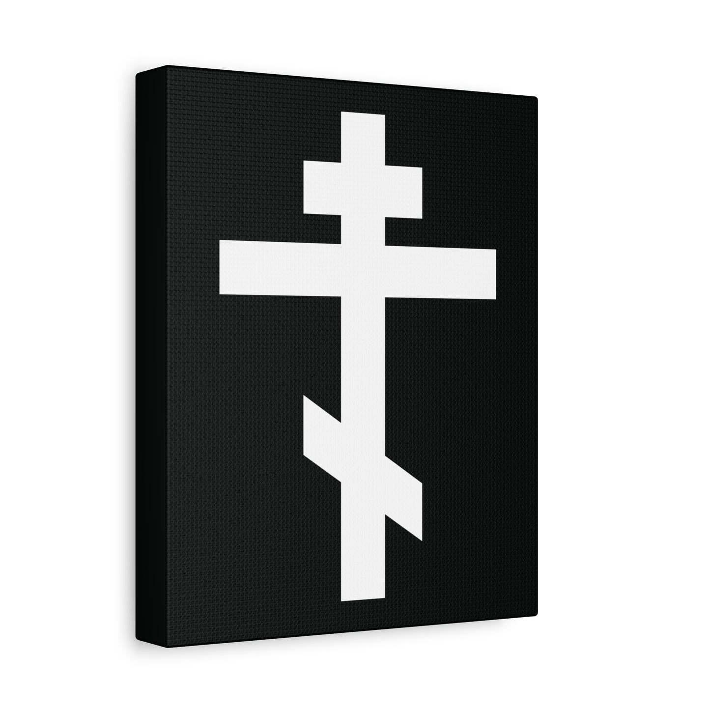 The "White Orthodox Cross" canvas art features a white cross symbolizing Christ on black, angled against a white background, and includes Gal 6:14: "May I never boast, except in the cross of our Lord Jesus Christ.