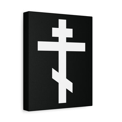 The "White Orthodox Cross" canvas art features a white cross symbolizing Christ on black, angled against a white background, and includes Gal 6:14: "May I never boast, except in the cross of our Lord Jesus Christ.