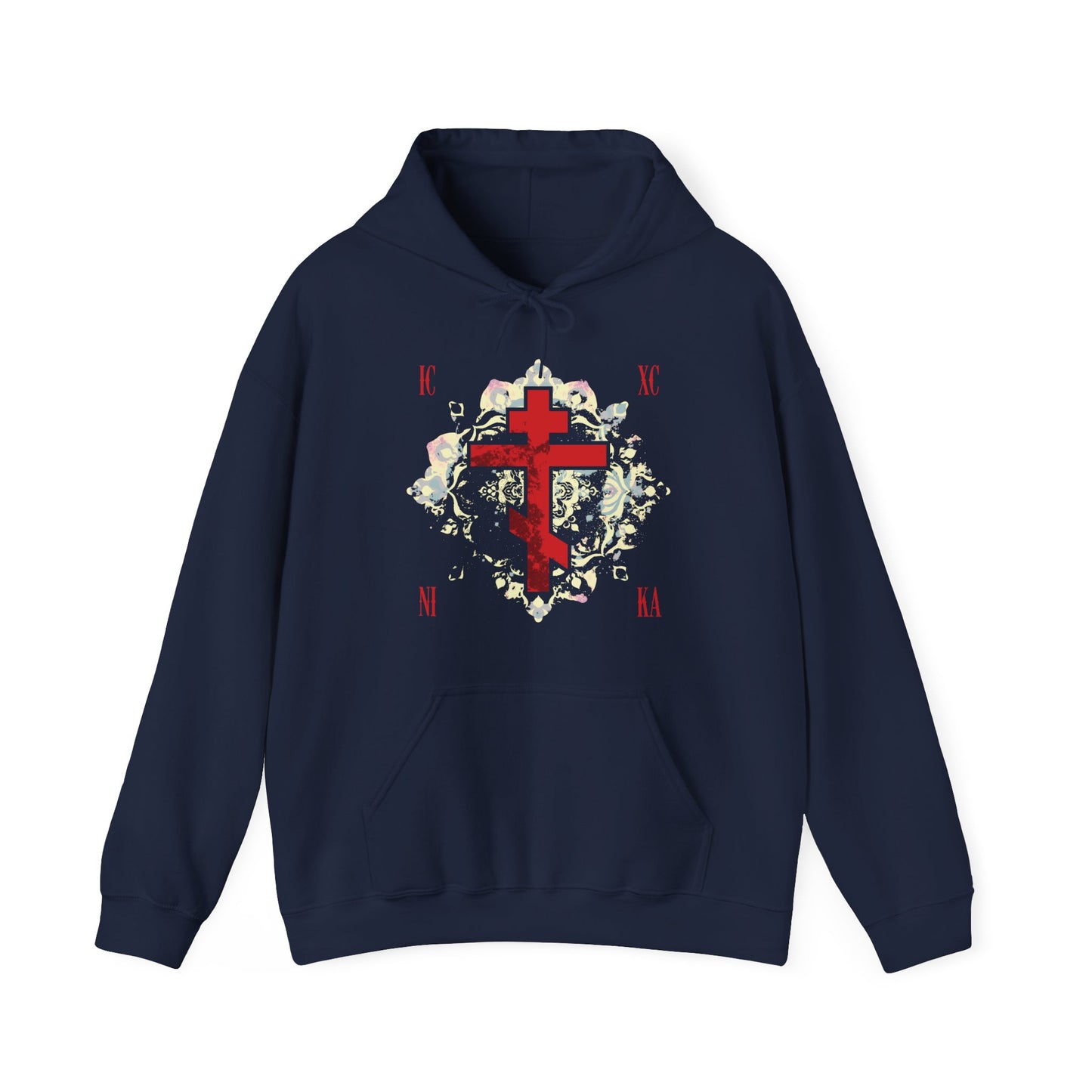 Navy "ICXC NIKA Means Jesus Christ Conquers" hoodie with a textured red Orthodox cross and medieval floral background—an inspiring nod to Orthodox Christianity and spiritual victory.