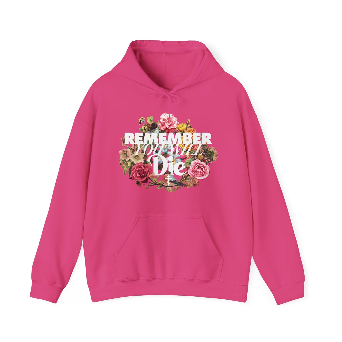 Remember You Will Die | Cross | Classic Typography & Floral Wreath Design (FRONT PRINT) | Memento Mori | Orthodox Christian Hoodie