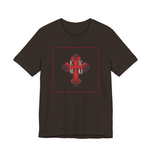 ICXC NIKA Red Glowing Ornate Textured Orthodox Cross | The Cross is the Symbol of Salvation | Christian Cotton Unisex Tee