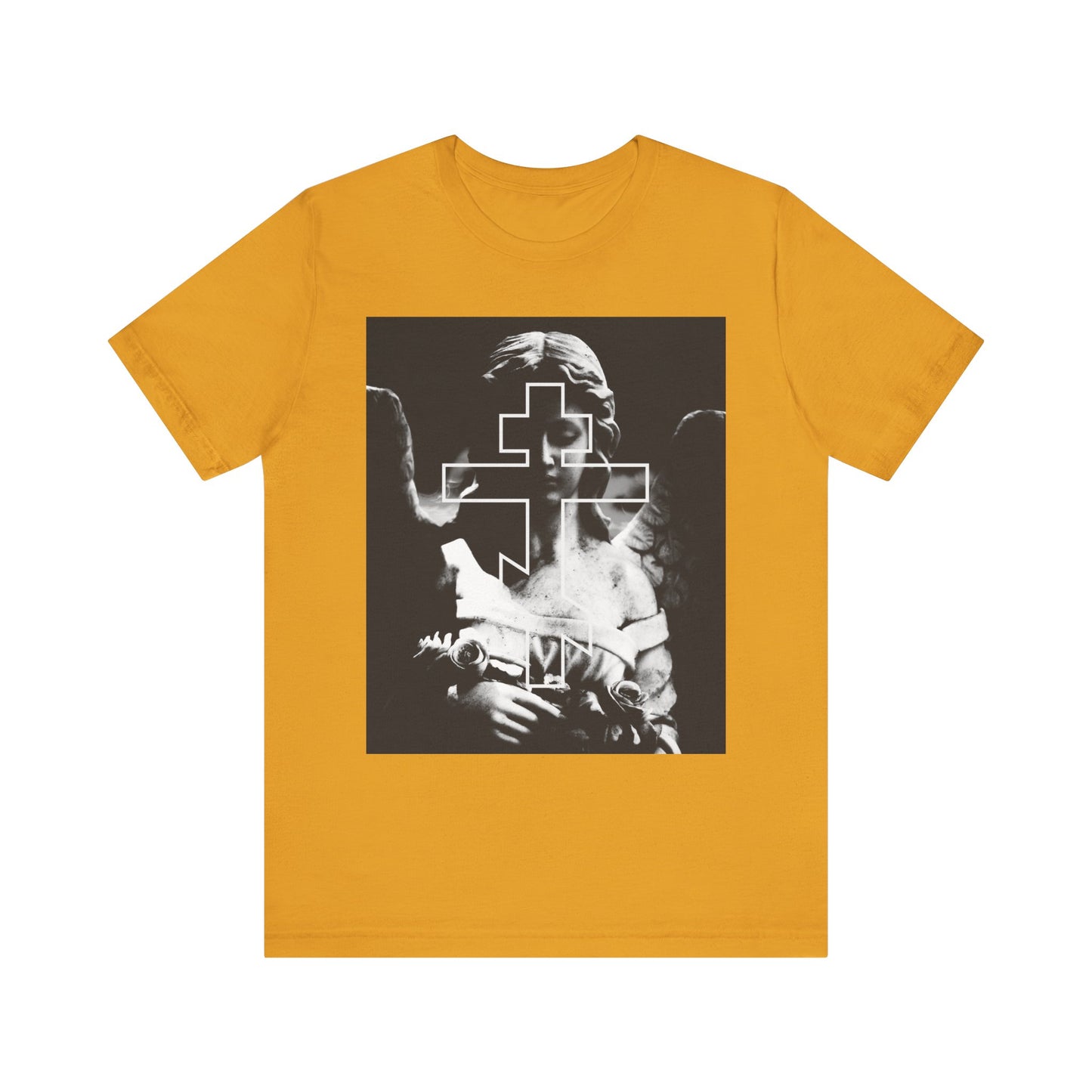 The Cemetery Angel Orthodox Cross tee in mustard features a grayscale goth angel and bold cross design, reminding you "Remember You Will Die"—a lightweight cotton unisex shirt inspired by memento mori.