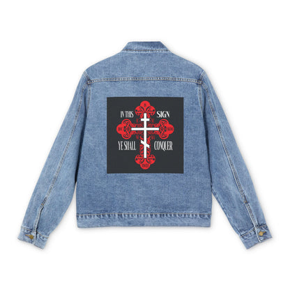 Medium denim wash jean jacket featuring a red ornate Orthodox cross and "In this sign you shall conquer" on the back. Design inspired by "In Hoc Signo Vinces" and ICXC NIKA—Jesus Christ Conquers.