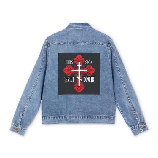 Medium denim wash jean jacket featuring a red ornate Orthodox cross and "In this sign you shall conquer" on the back. Design inspired by "In Hoc Signo Vinces" and ICXC NIKA—Jesus Christ Conquers.