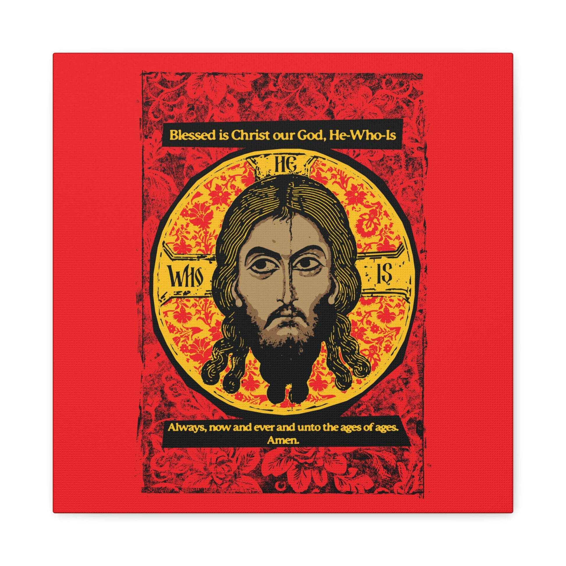 Remembrance of Death "Made Without Hands (Mandylion/Image of Edessa)" Christian canvas wall art features Jesus Christ’s stylized face inside a gold circle with red floral designs on a red background, plus an Orthodox hymn. Red, black & yellow graphic design.
