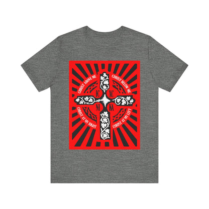 Red ICXC NIKA Enniskillen Celtic Cross | Lorica of St. Patrick | Shield Prayer | Orthodox Christian Cotton T-Shirt