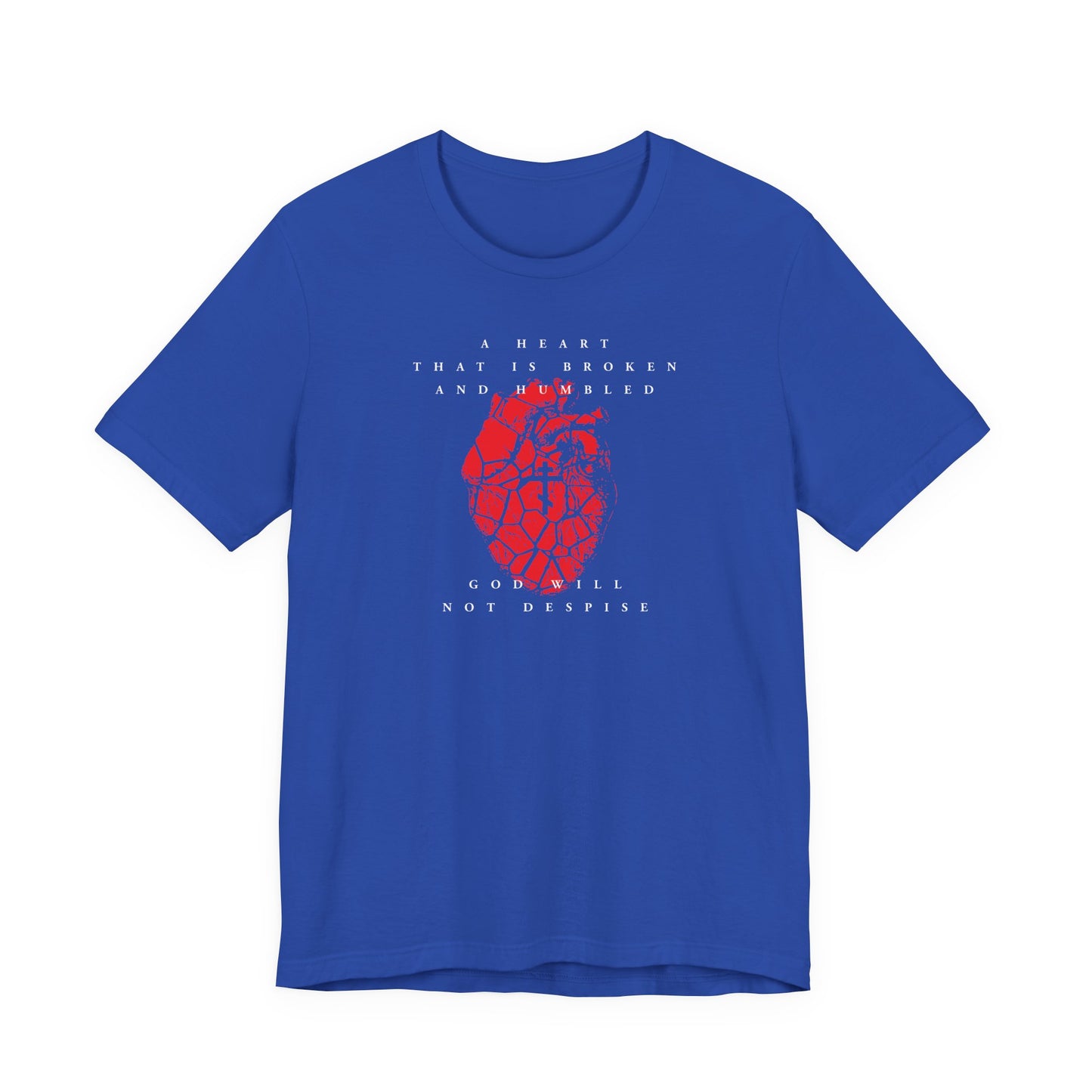 True Royal unisex cotton t-shirt featuring a cracked heart with Orthodox cross and the text "A Heart That is Broken and Humbled God Will Not Despise." Inspired by repentance and Psalm 50. Christian design for a reminder of forgiveness.
