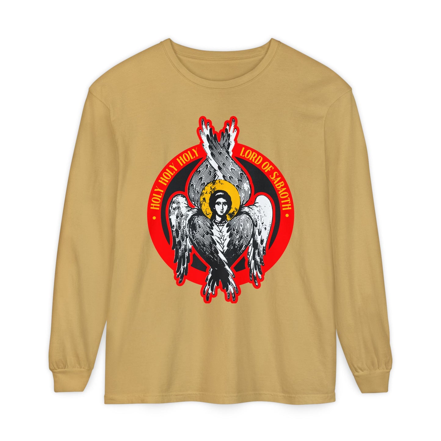 Mustard long sleeve shirt with a seraphim and red circle, inspired by Isaiah 6’s vision. Features the text: HOLY HOLY HOLY LORD OF SABAOTH. Orthodox Christian iconographic design.