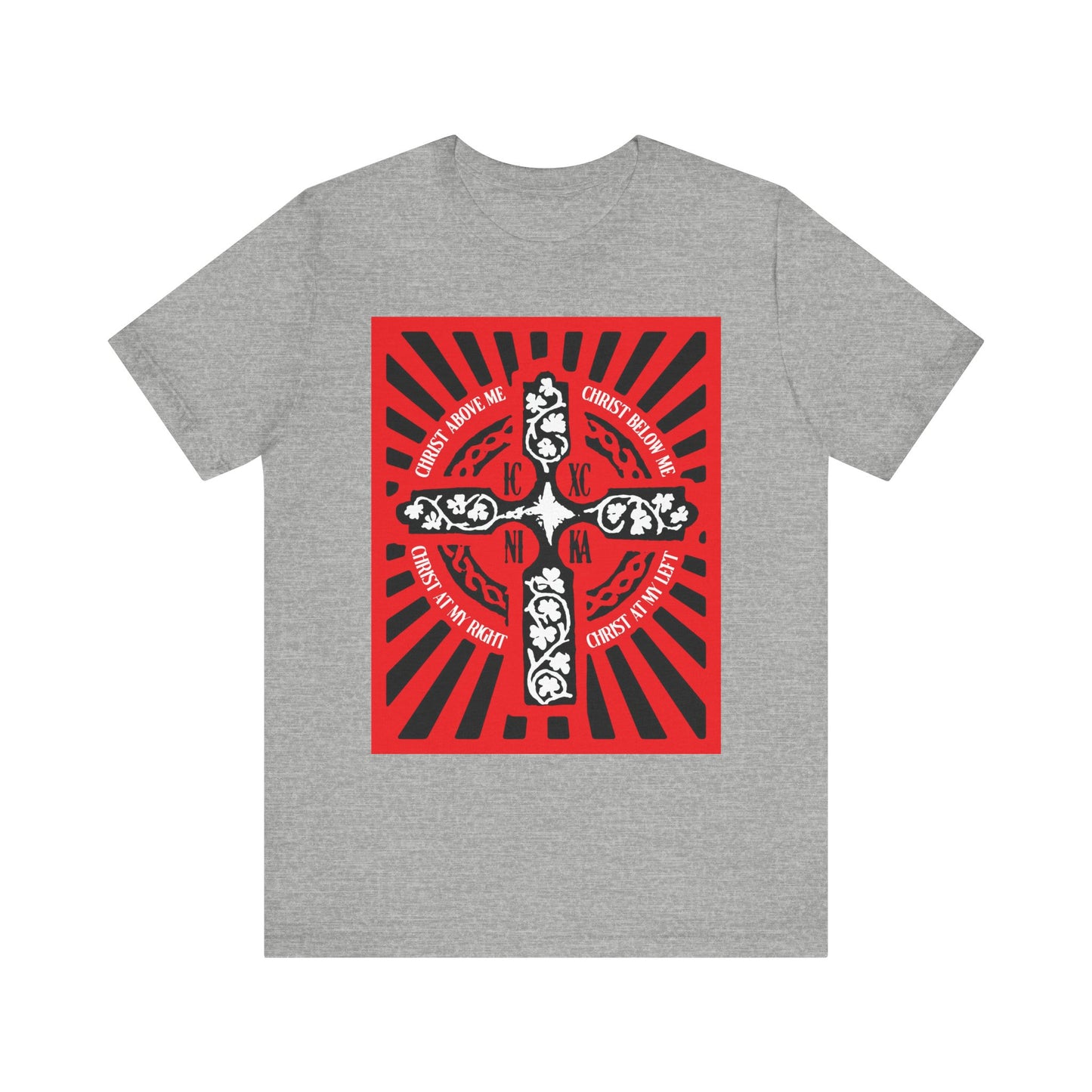 Athletic Heather unisex tee featuring a red ICXC NIKA Enniskillen Celtic Cross graphic and text, "Christ beside me, Christ within me," on the back—drawing inspiration from the Lorica of St. Patrick (Shield Prayer), a revered Orthodox Christian blessing.