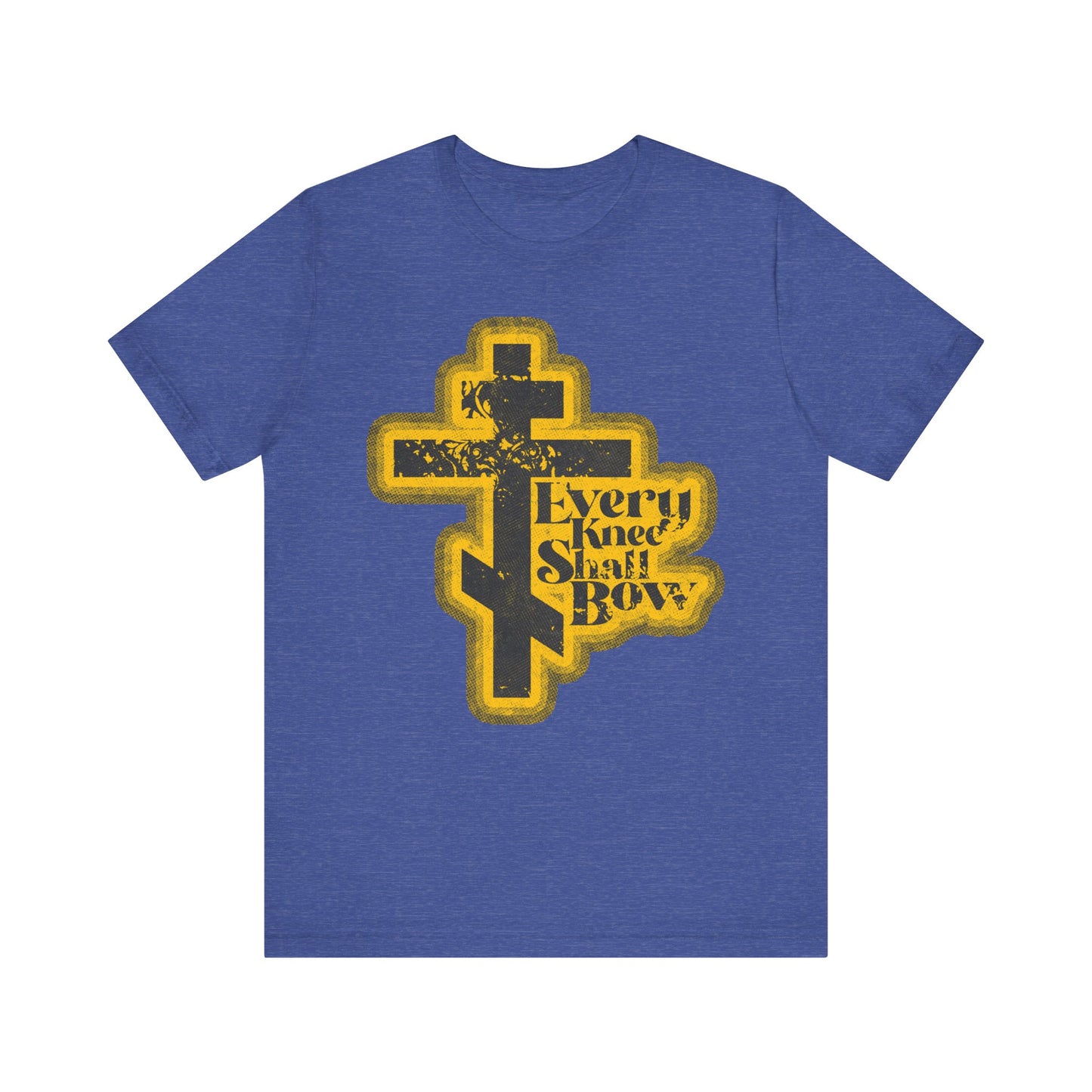 Heather True Royal tee featuring a yellow Orthodox cross and bold distressed text "Every Knee Shall Bow," inspired by Philippians 2:10-11 and Isaiah 45:23. Lightweight cotton, 70s halftone comic book aesthetic, unisex fit.