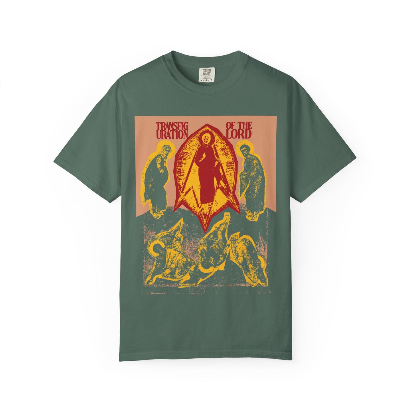 Blue Spruce unisex heavyweight cotton tee featuring punk zine cut-out aesthetic with icono-graphic religious artwork and the text "Transfiguration of the Lord" in vibrant red and yellow tones, inspired by the Orthodox Christian Troparion of Transfiguration.