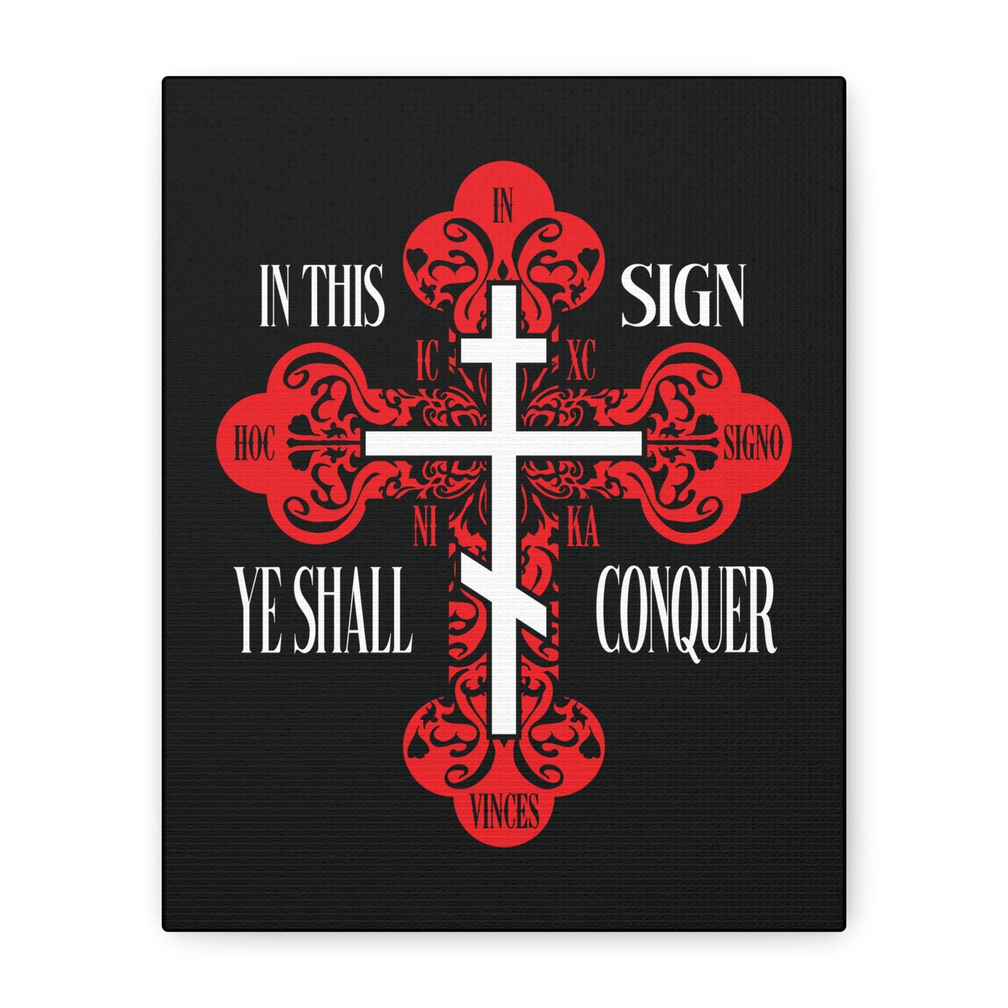 A red ornate Orthodox Holy Cross with the text "In This Sign Ye Shall Conquer" (ICXC NIKA) on a black background. Christian wall art inspired by "In Hoc Signo Vinces" and "Jesus Christ Conquers.