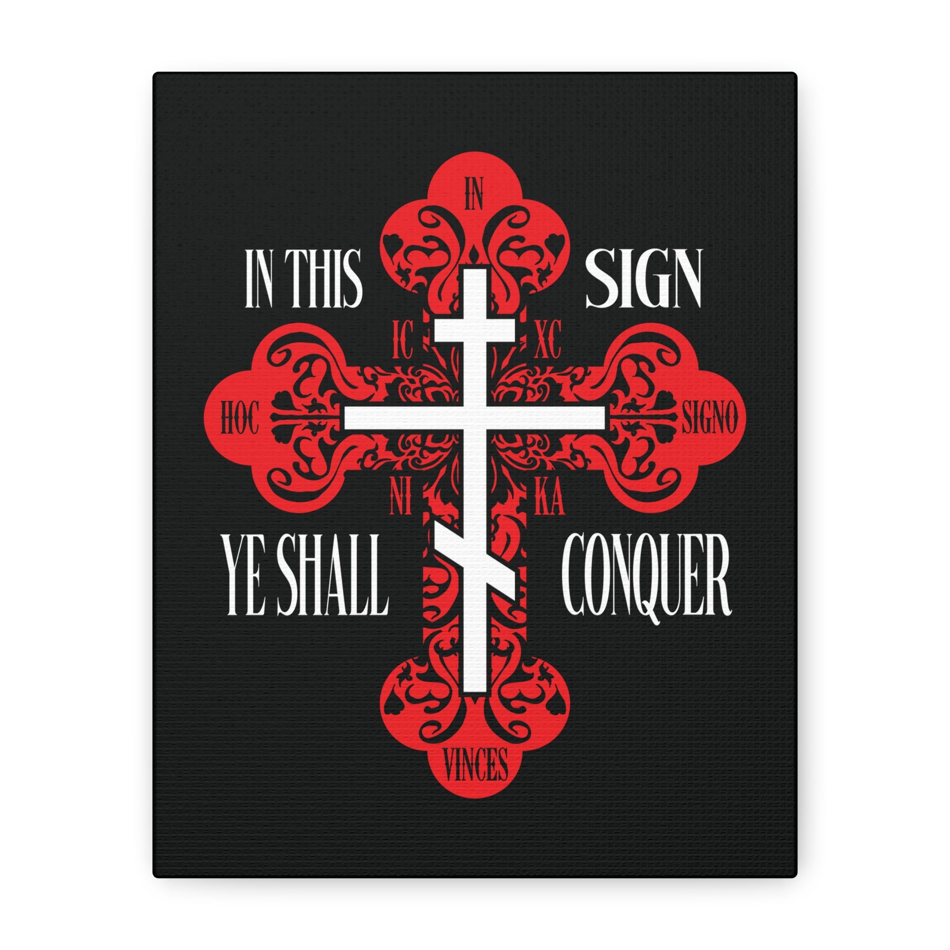 A red ornate Orthodox Holy Cross with the text "In This Sign Ye Shall Conquer" (ICXC NIKA) on a black background. Christian wall art inspired by "In Hoc Signo Vinces" and "Jesus Christ Conquers.