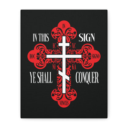 A red ornate Orthodox Holy Cross with the text "In This Sign Ye Shall Conquer" (ICXC NIKA) on a black background. Christian wall art inspired by "In Hoc Signo Vinces" and "Jesus Christ Conquers.