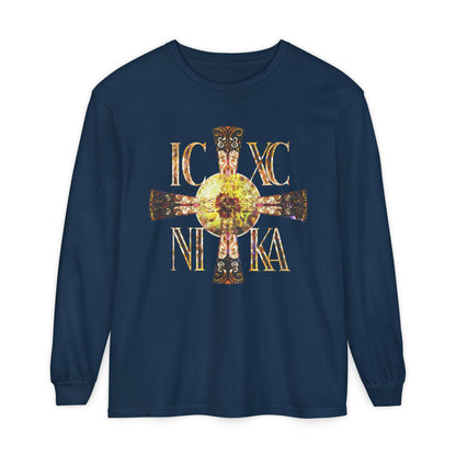 ICXC NIKA Celtic Style Equal Armed Cross | Bright Solar Texture | Orthodox Christian Long Sleeve Shirt