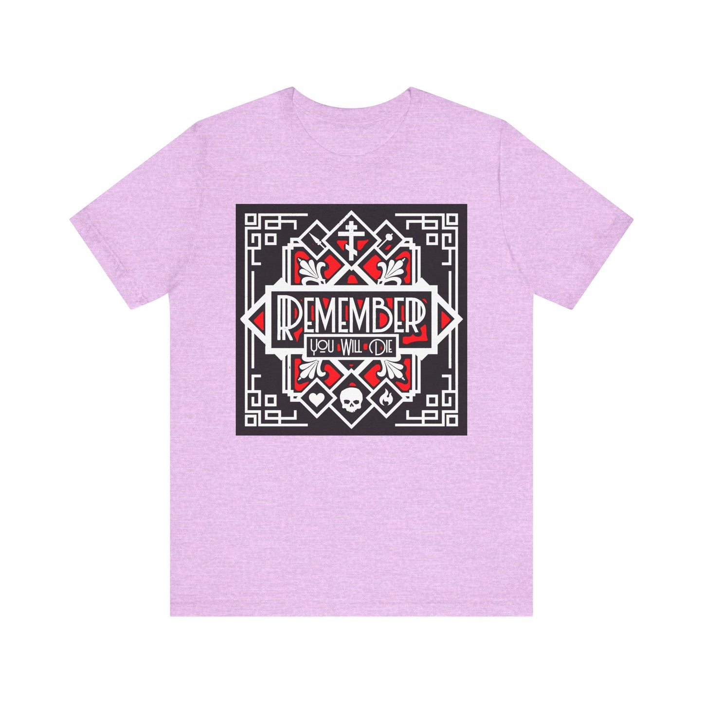Heather Prism Lilac t-shirt featuring a bold red and white Art Deco design with the words "Remember You Will Die"—a striking Orthodox Christian memento mori inspired by the wisdom of St. Ignatius Brianchaninov, adorned with heart, skull, and fire motifs on lightweight cotton.