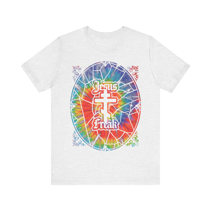 Show your faith with this Jesus Freak unisex tee featuring a bold stained glass Orthodox cross over a vibrant tie-dye background, inspired by the 70s Jesus Movement hippie era.