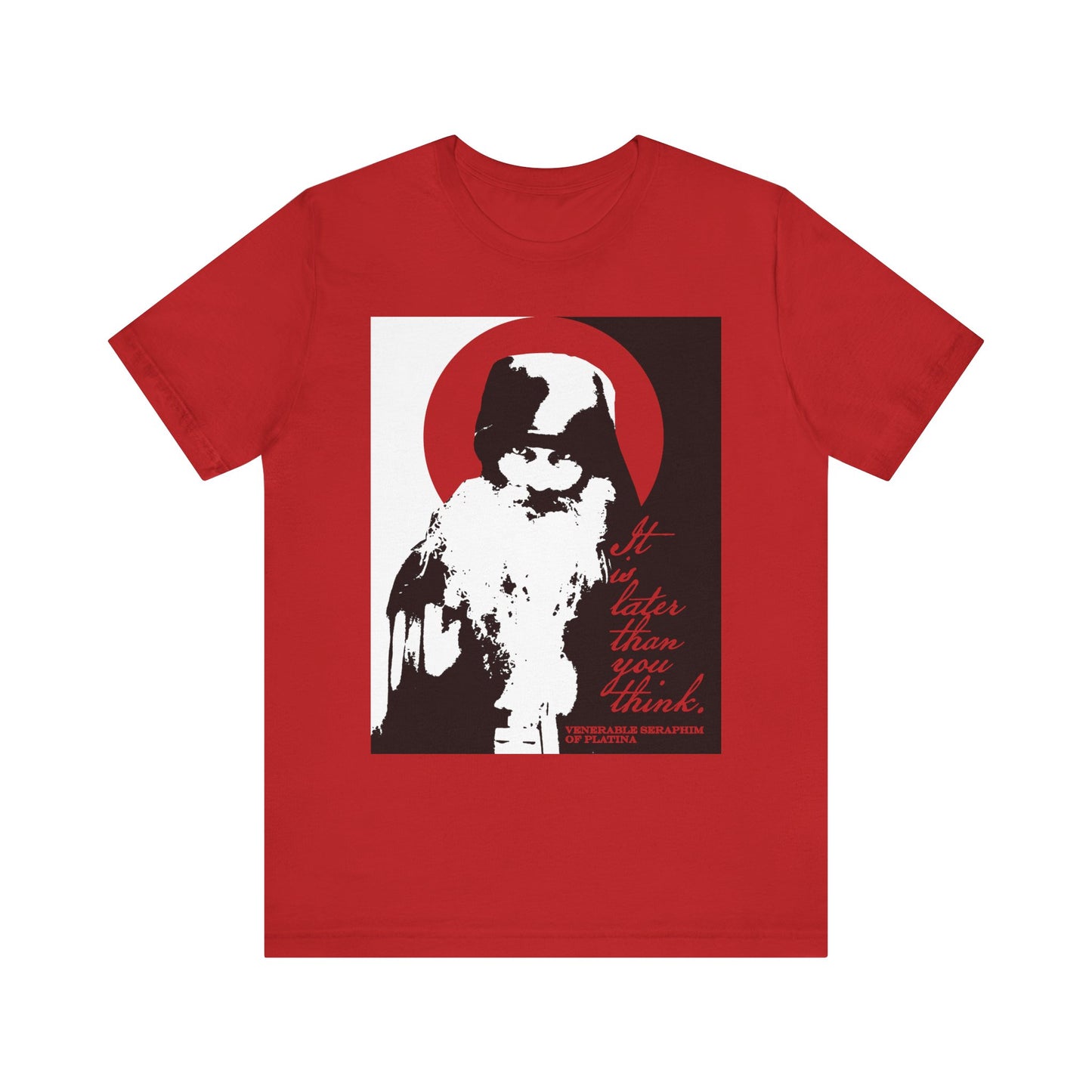 Introducing the “It's Later Than You Think” Lightweight Cotton Unisex T-Shirt in red, featuring a high-contrast black and white graphic of Fr Seraphim Rose and the memento mori message: “It is later than you think.” Inspired by Orthodox spiritual literature, this thoughtfully designed shirt encourages purposeful living and spiritual discipline each day.
