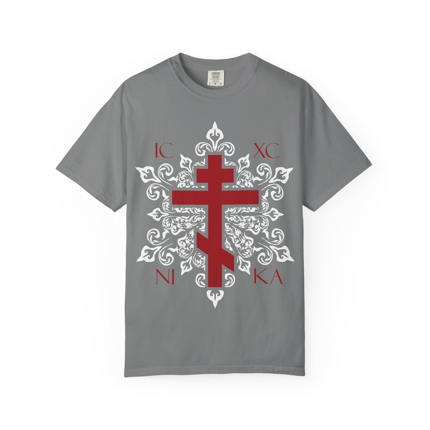 Sure! Here’s a rewritten description using your product data: Grey heavyweight cotton unisex tee featuring the best-selling “ICXC / NIKA Red Orthodox Cross on Ornate White Medieval Floral Design”—a nod to the spirit of Adoration at the Cross and the timeless beauty of Paradise celebrated in sacred hymnography.