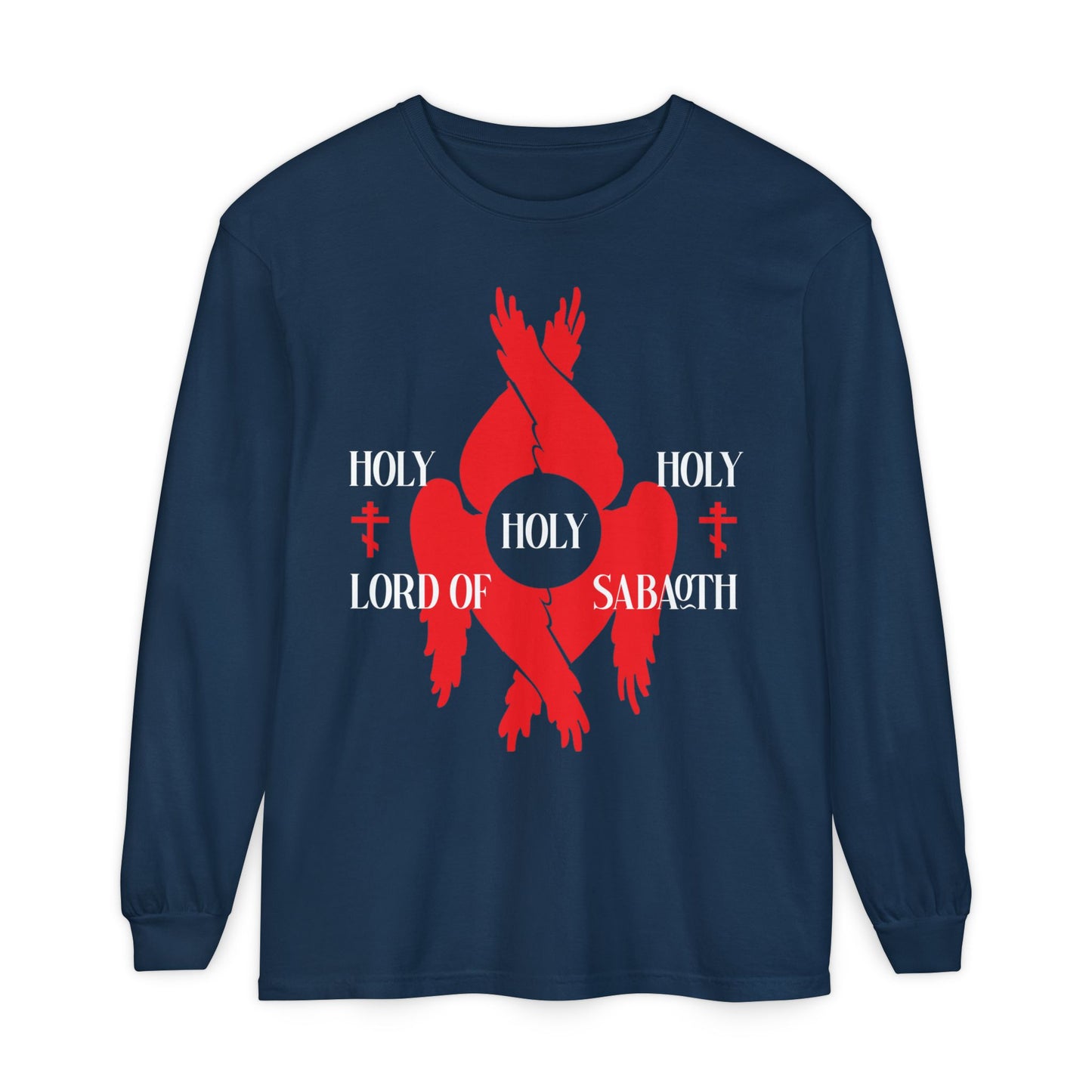 True Navy long sleeve cotton shirt featuring red seraphim wings, Orthodox crosses, and "Holy Holy Holy Lord of Sabaoth" text, inspired by Isaiah 6:3 and Orthodox Christian tradition.