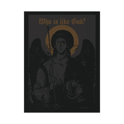 Who Is Like God? Archangel Michael Icono-Graphic art poster features a black and bronze design in the Orthodox Christian tradition, with Archangel Michael depicted as a guardian angel, a cross on his front left breast, and the phrase “Who is like God?” in ornate text above.