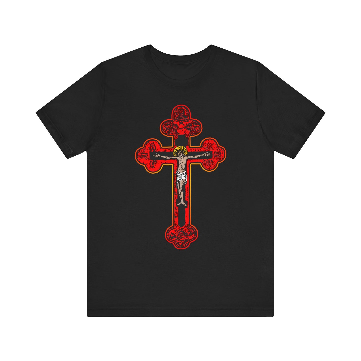 Black "Red Orthodox Christian Crucifix" lightweight cotton unisex tee featuring a large ornate red Byzantine Golgotha Cross with Alpha & Omega symbols and a central crucifixion image, symbolizing faith in the Son of God and reflecting the powerful message of Isaiah 53:3-5.