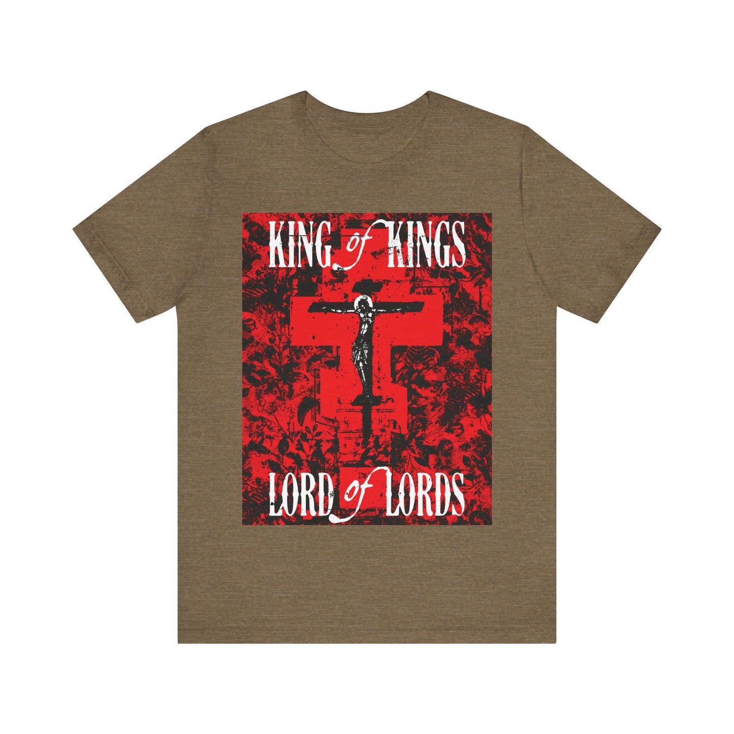 King of Kings, Lord of Lords | Christ Crucified Icono-Graphic | Red Cross Nature Texture w/ White Text | Christian Cotton T-Shirt