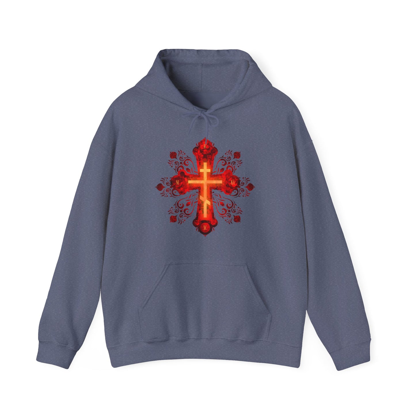 Heather navy hoodie featuring a red and gold ornate Russian-style Orthodox cross with "He was pierced for our transgressions"—a tribute to faith and life, inspired by the Precious & Life-Giving Cross.