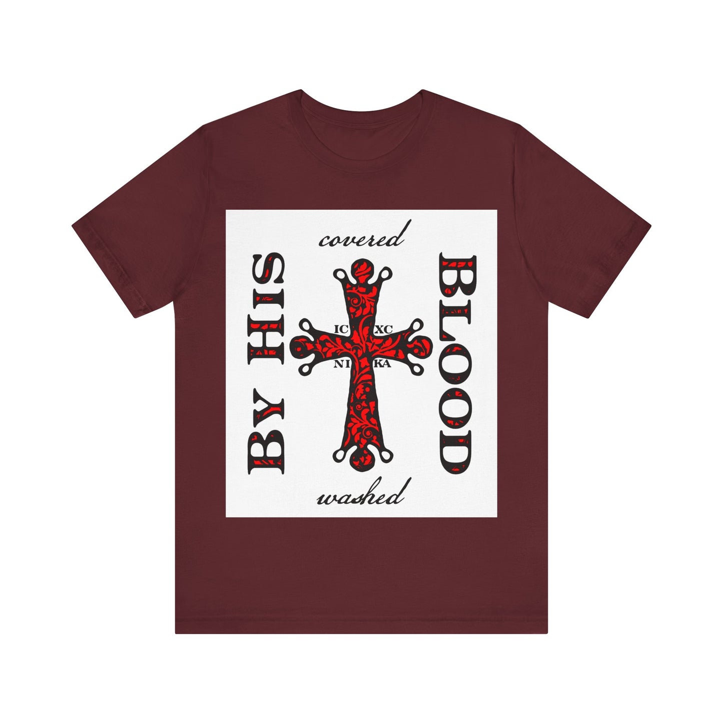 Washed/Covered By His Blood (1 John 1:7) | ICXC NIKA Ornate Red Orthodox Cross | Orthodox Christian Cotton T-Shirt