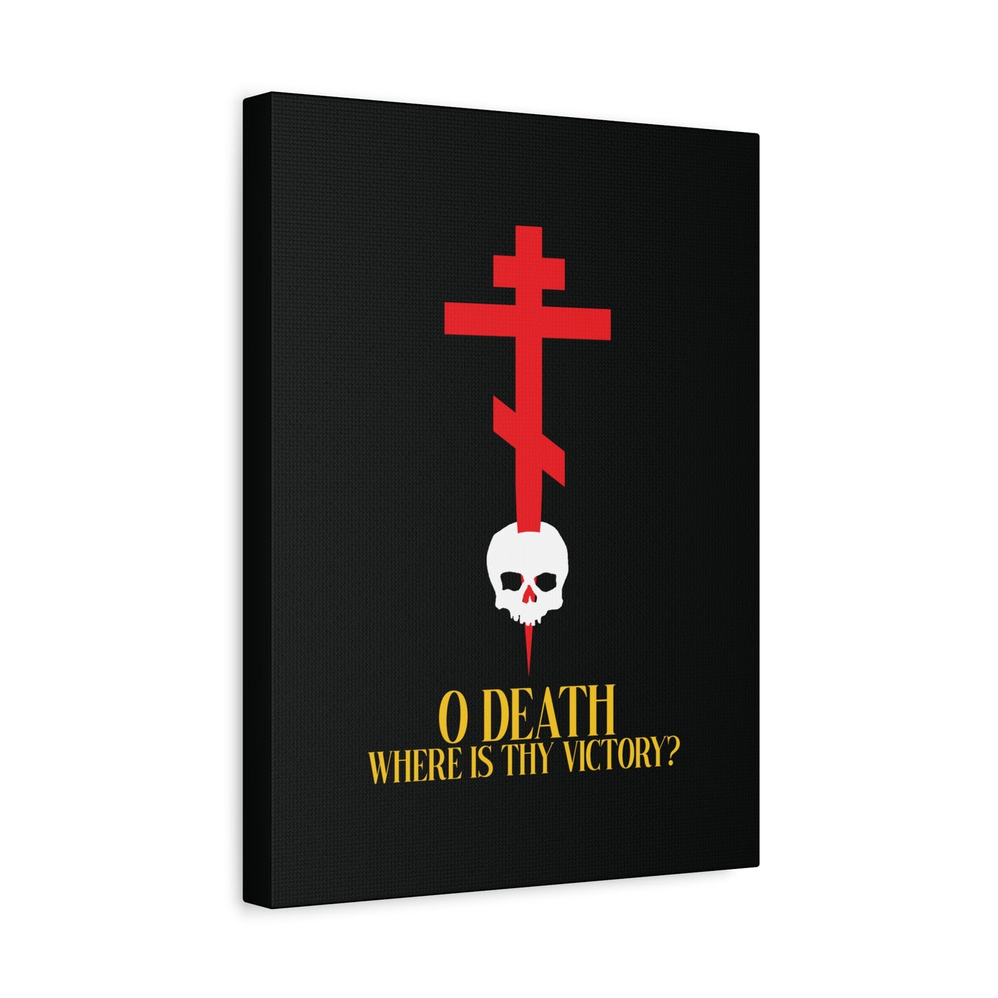 O Death Where is Thy Victory? (1 Corinthians 15:55) | Cross Stabbing Skull | Yellow Text | Orthodox Christian Canvas Art